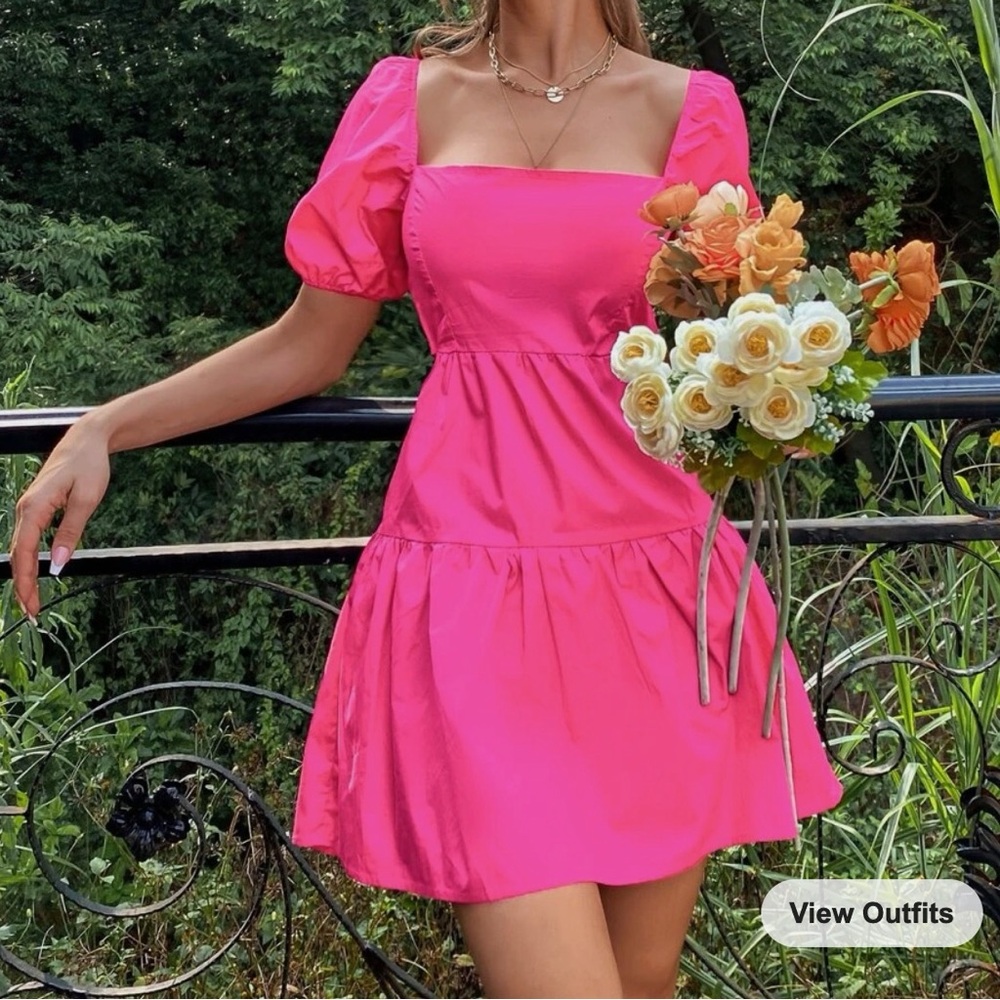 Hot pink puff sleeve dress with two bow details in the back - size large Shein